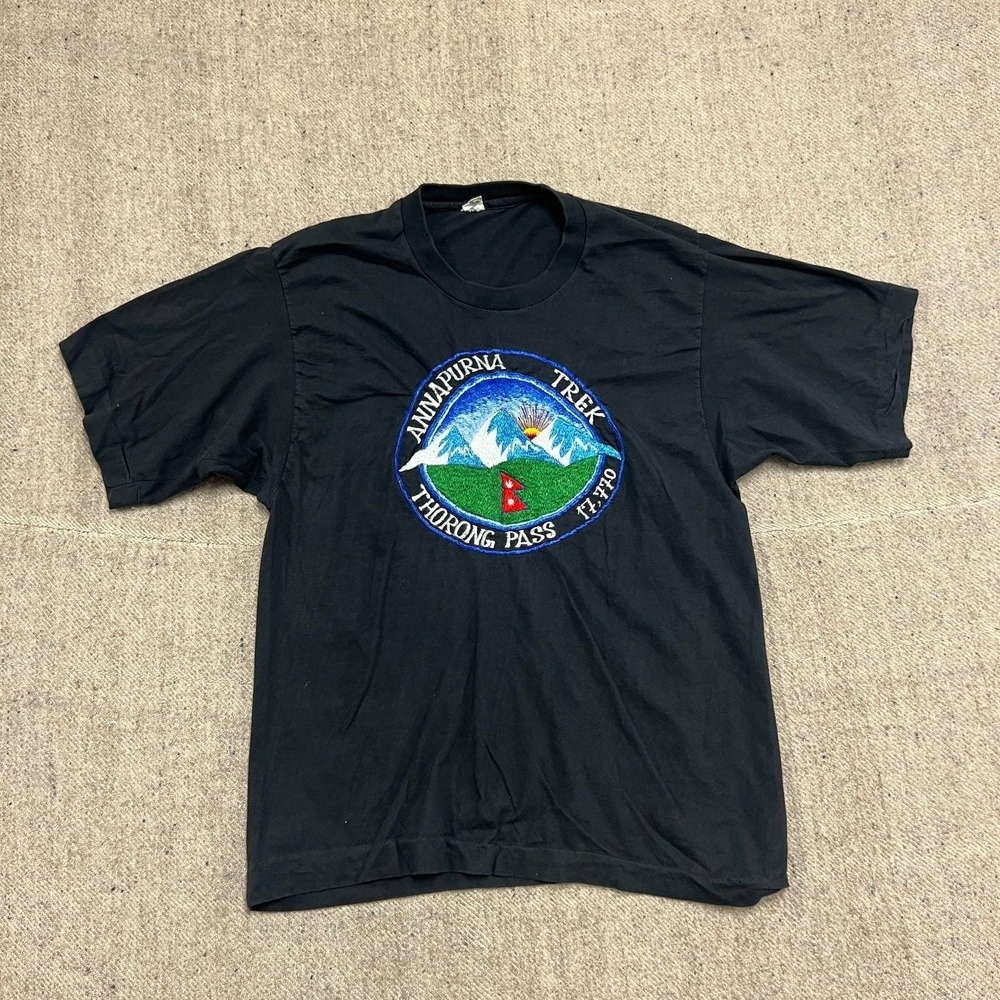 Vintage Annapurna Trek Shirt Mens Medium Black 1980s Embroidered